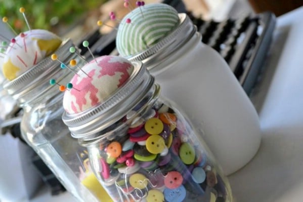 Pin Cushion and Sewing Storage from Mason Jars - 150 Dollar Store Organizing Ideas and Projects for the Entire Home