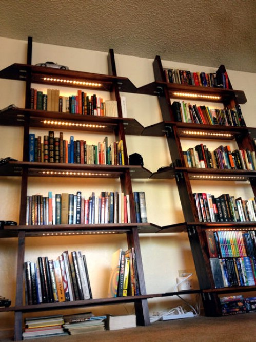 Leaning Bookshelves with Lighting