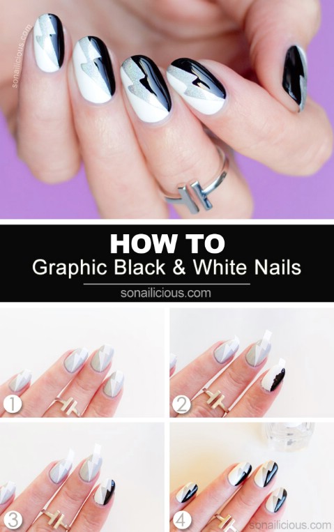 Graphic black and white nail art
