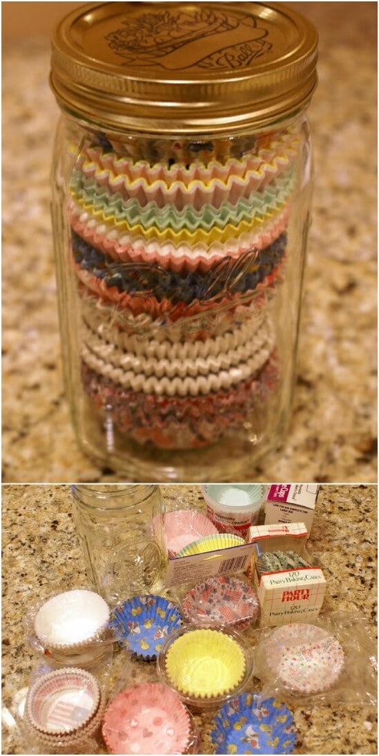 Cupcake Liner Storage - 30 Mind Blowing DIY Mason Jar Organizers You'll Want To Make Right Away
