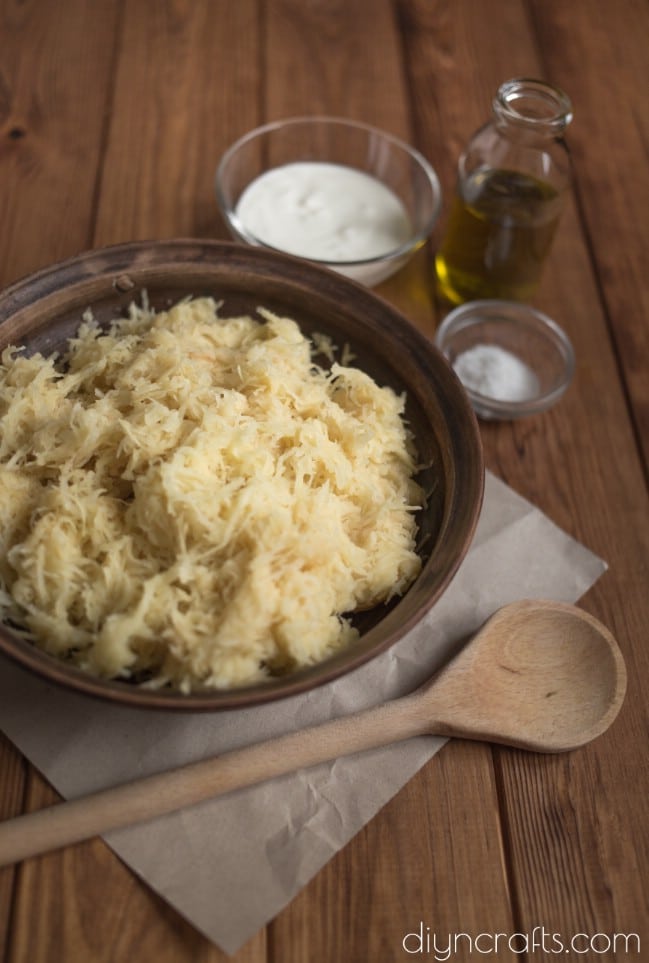 Grated potatoes and other ingredients.