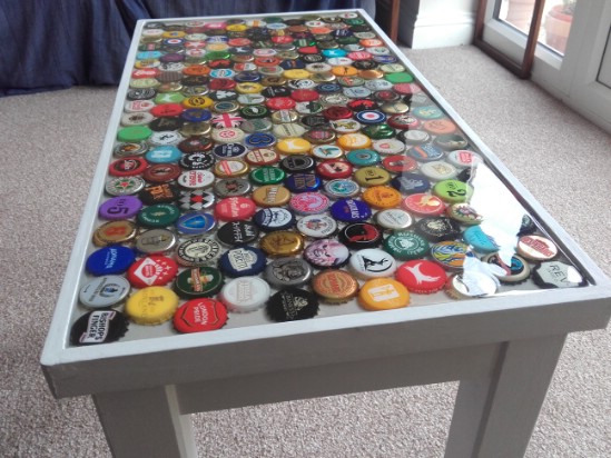 How to Create a Colorful Table Using Old Bottle Caps { Perfect Man Cave Furniture }