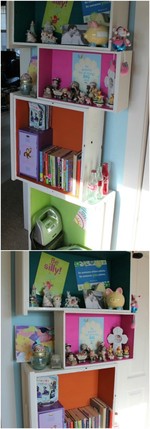 Repurposed Dresser Drawers Into Kids' Shelves