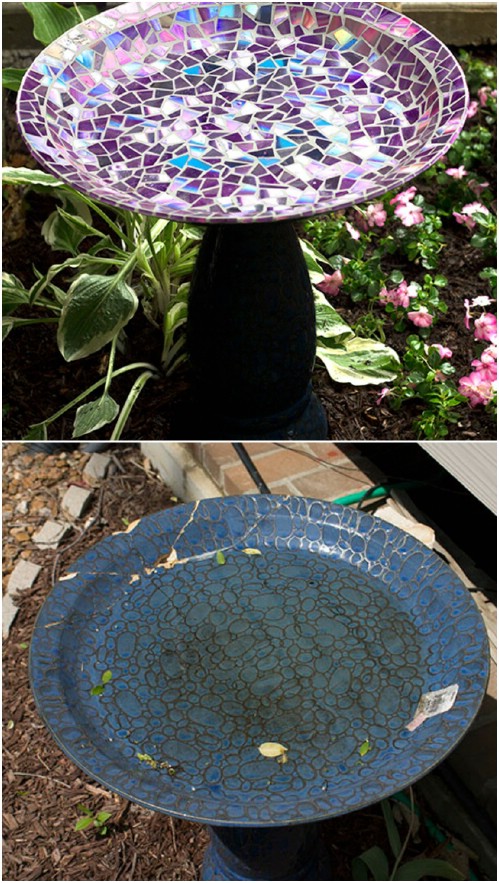 Upcycled CD Mosaic Birdbath