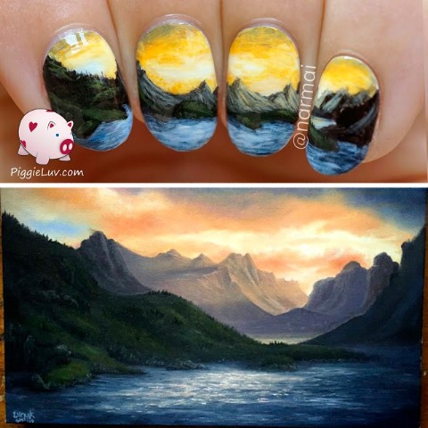 Detailed landscape nail art