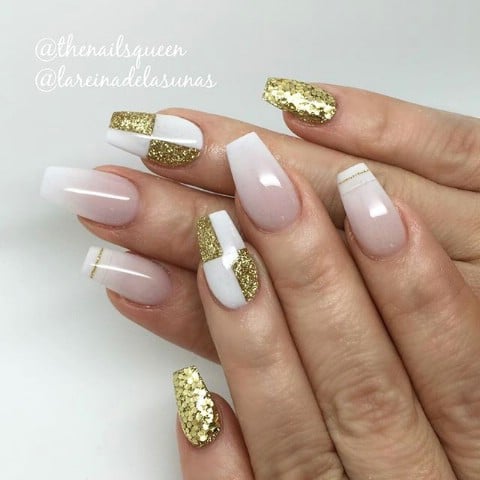 Pink, white, and gold nails