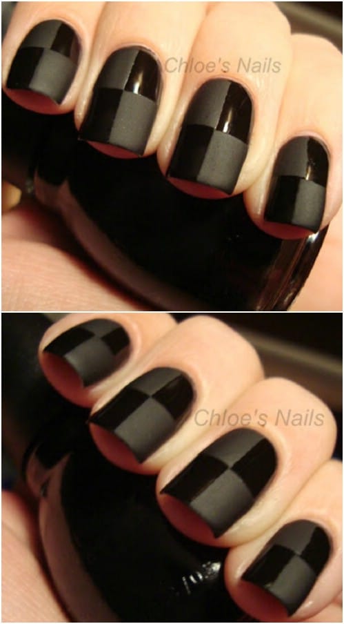 Elegant Black On Black Checkered Nails