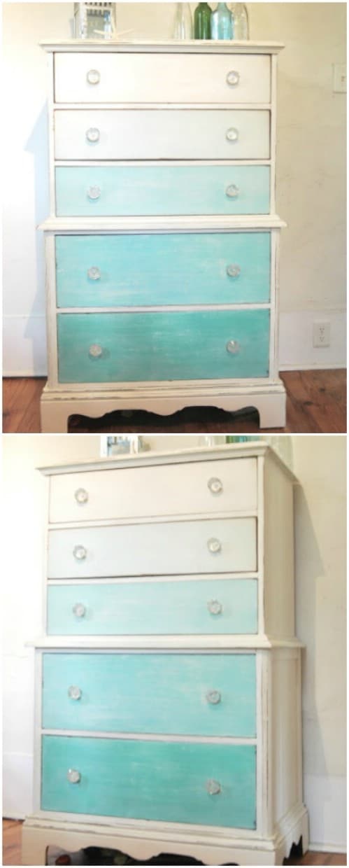Give a dresser a beach vibe by painting it in ombre teal colors.