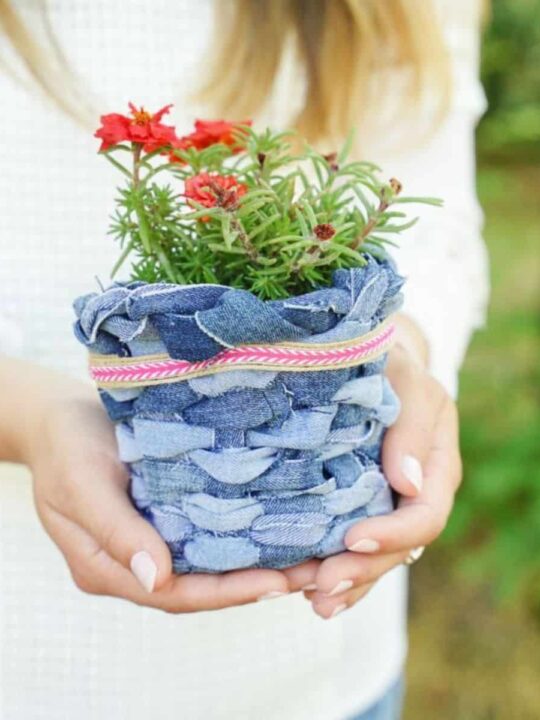 Rustic Denim Planter Basket 6 Detail shot of the woven denim texture on the planter