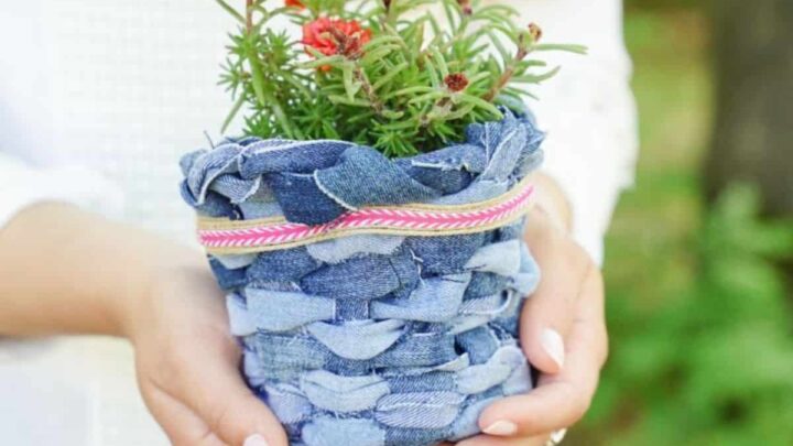 Rustic Denim Planter Basket 7 Lifestyle shot of denim planter cover in a home setting