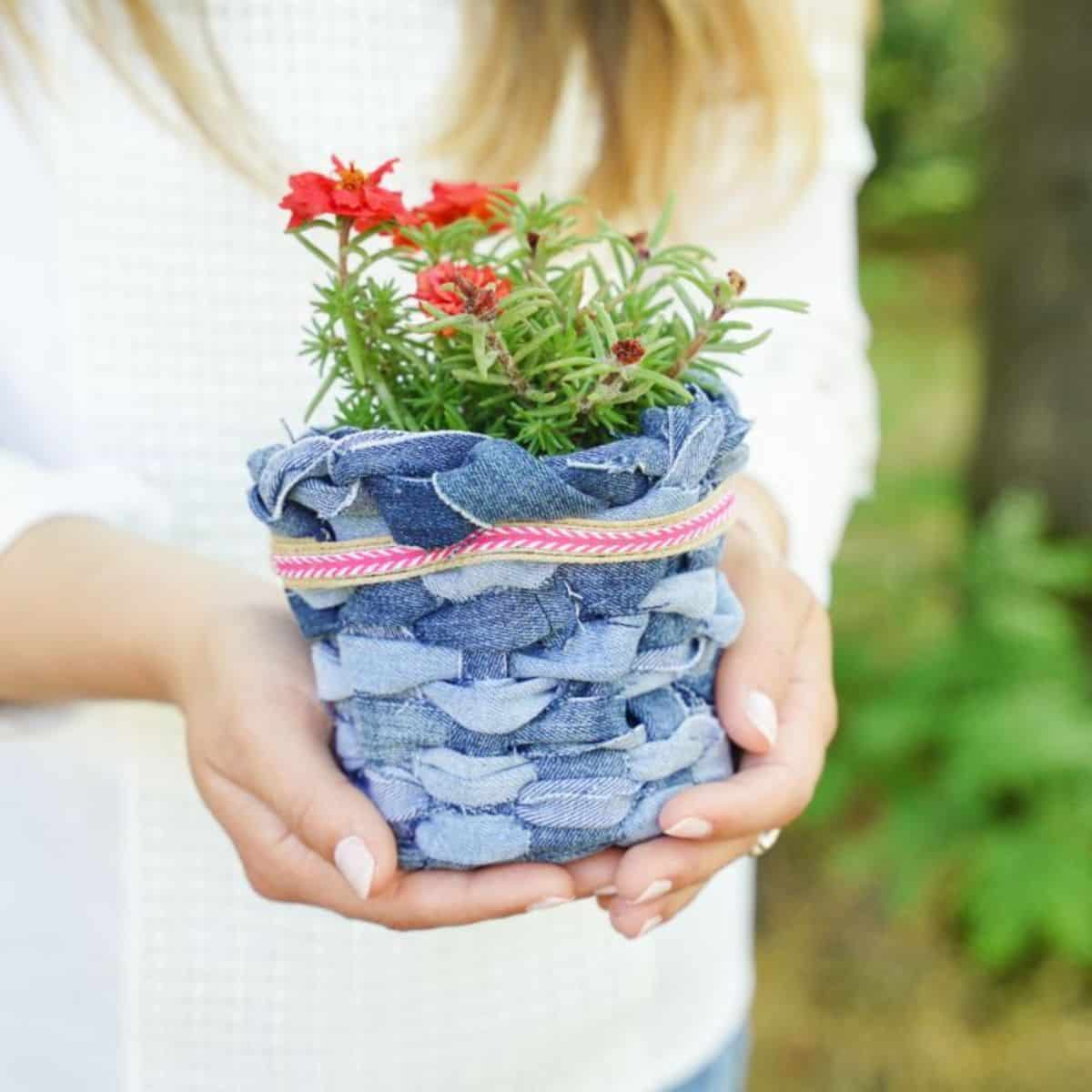 Rustic Denim Planter Basket 2 Finished upcycled denim basket planter cover