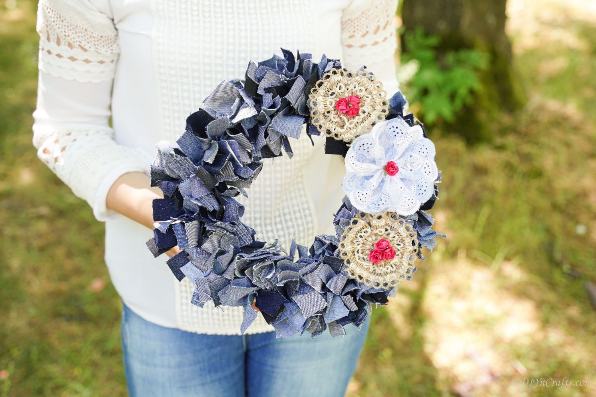 Customizable Denim Wreath Denim rag wreath with varying colored bows for seasonal decoration