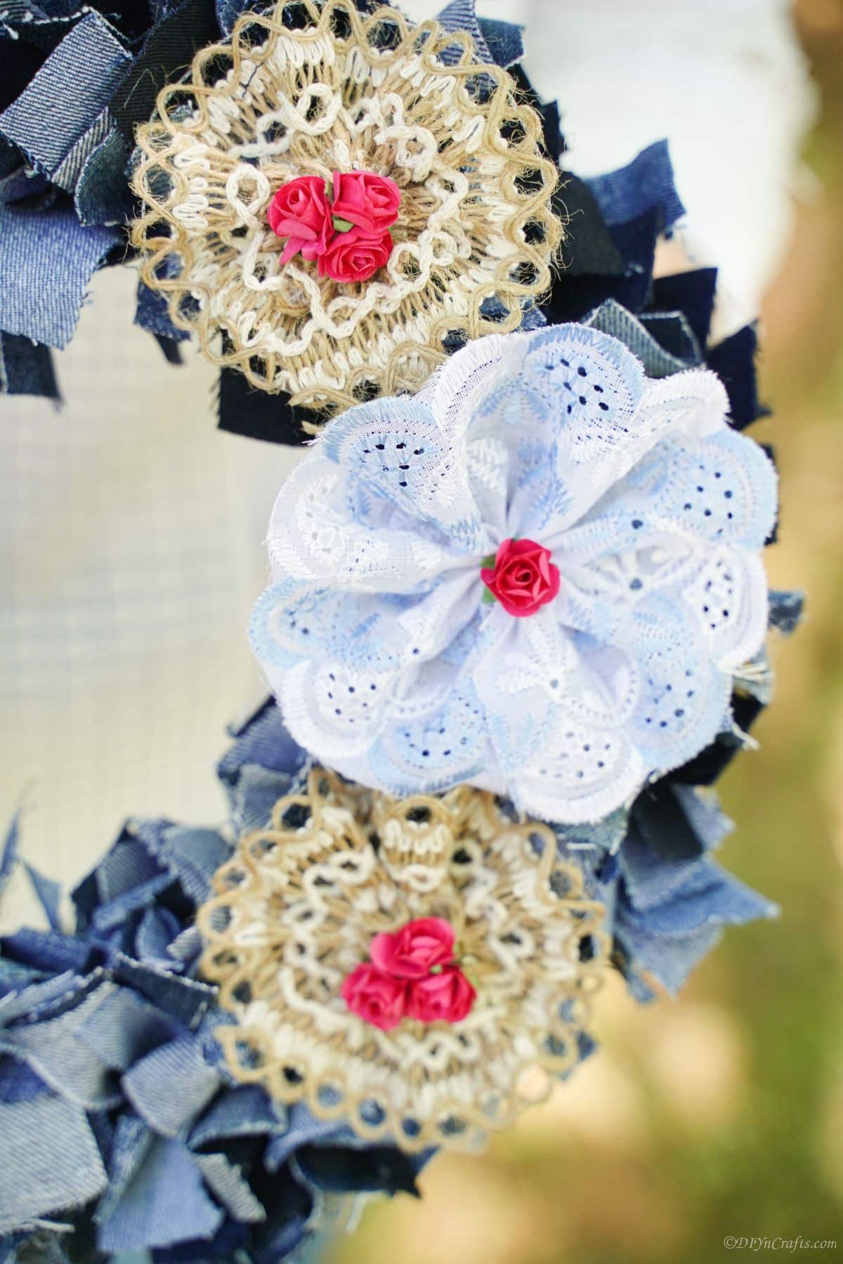 Durable Denim Wreath A denim rag wreath showcasing its durability for both indoor and outdoor use