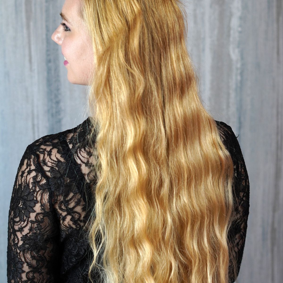 blonde woman with beach waves