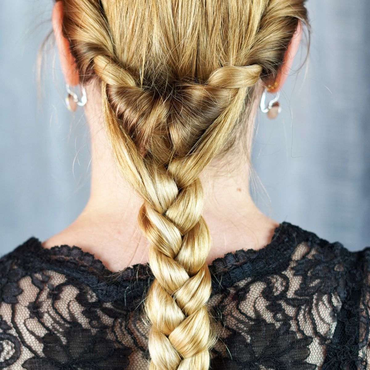 Artfully Twisted Low Braided Ponytail 3 Side view of the twisted low ponytail braid on long hair