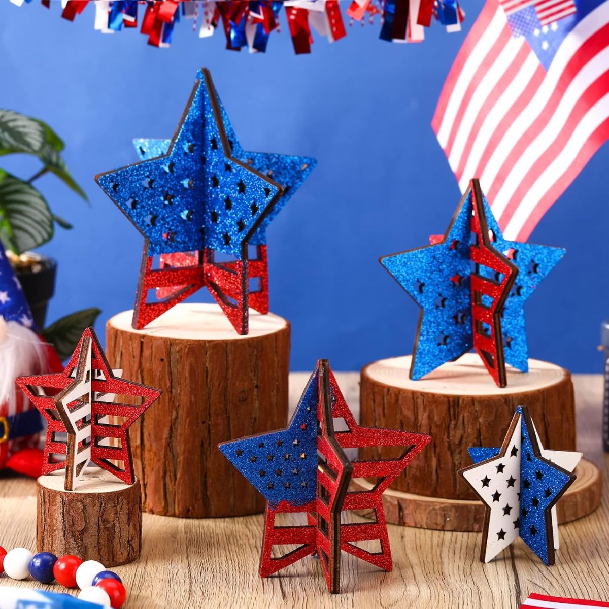 Patriotic Rustic Wooden 3D Star Tabletop Centerpiece